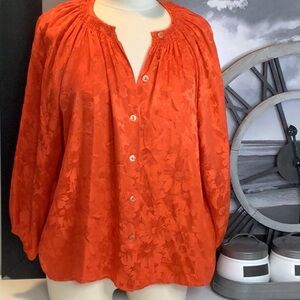 Tucker Bergdorf Goodman M/L Orange Silk Floral Button Up Peasant Blouse Top